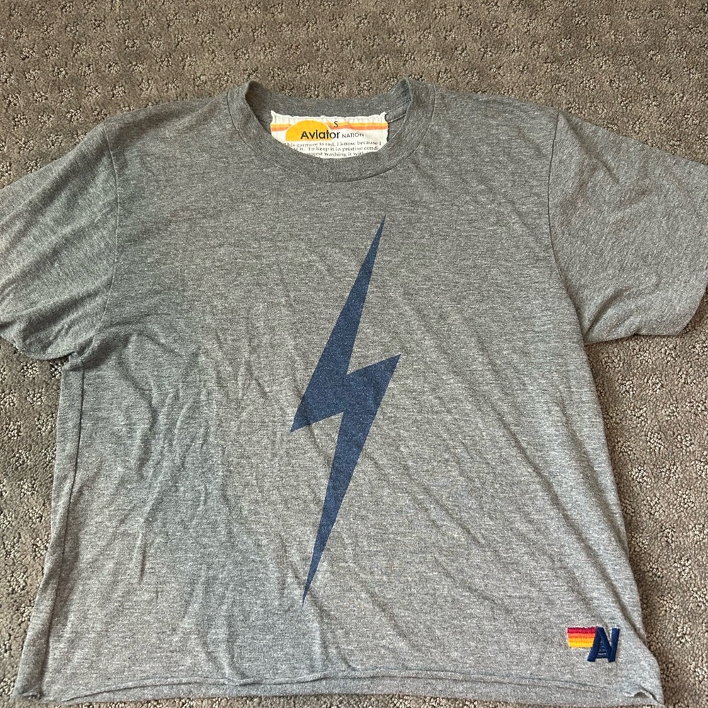 Aviator Nation Heather Gray Tee with Blue Lightning Bolt Size Small VGUC